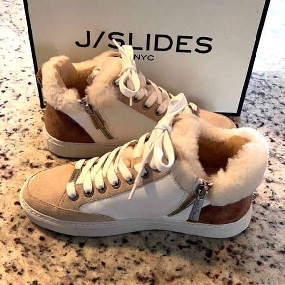 J/Slides Leslie Sheep‎ Hair Trimmed Leather Sneaker Shoes Size 6 Tan White - Picture 8 of 11